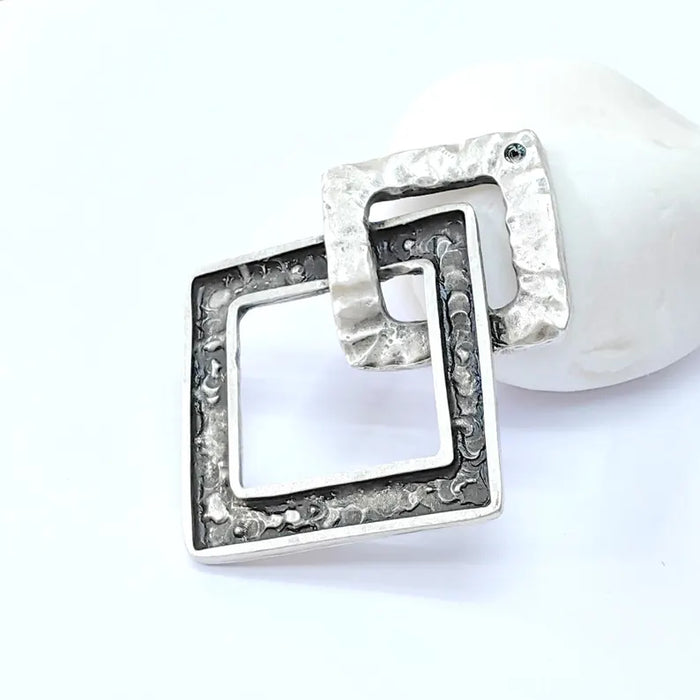 Square Dangle Charms, Boho Charms, Earring Charms, Silver Rustic Pendant, Necklace Parts, Antique Silver Plated Zamac 64x52mm G36448