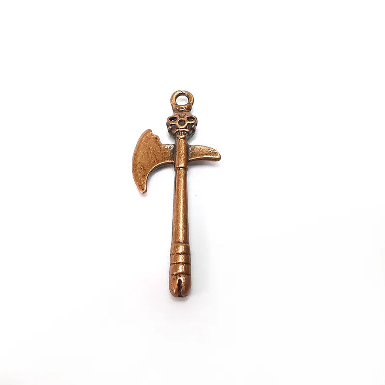 Copper Axe Skull Charms, War Charms, Ethnic Earring Charms, Copper Rustic Pendant, Necklace Parts, Antique Copper Plated 52x21mm G36456
