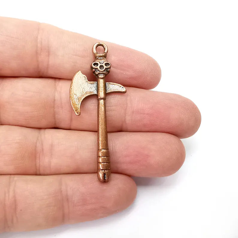 Copper Axe Skull Charms, War Charms, Ethnic Earring Charms, Copper Rustic Pendant, Necklace Parts, Antique Copper Plated 52x21mm G36456