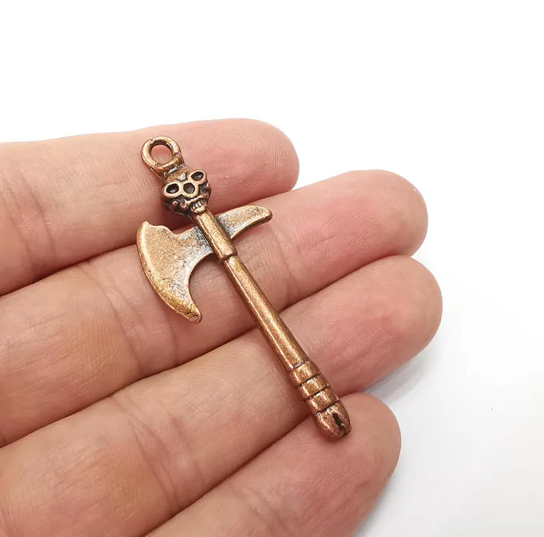 Copper Axe Skull Charms, War Charms, Ethnic Earring Charms, Copper Rustic Pendant, Necklace Parts, Antique Copper Plated 52x21mm G36456