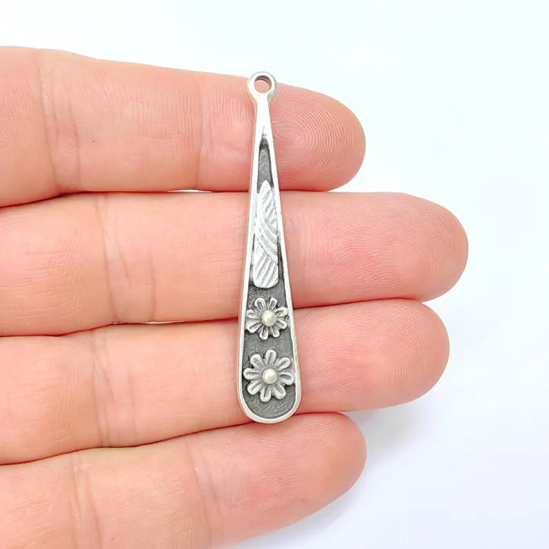 2 Silver Flower Charms, Boho Charms, Earring Charms, Silver Dangle Pendant, Necklace Parts, Antique Silver Plated Zamac 50x9mm G36453