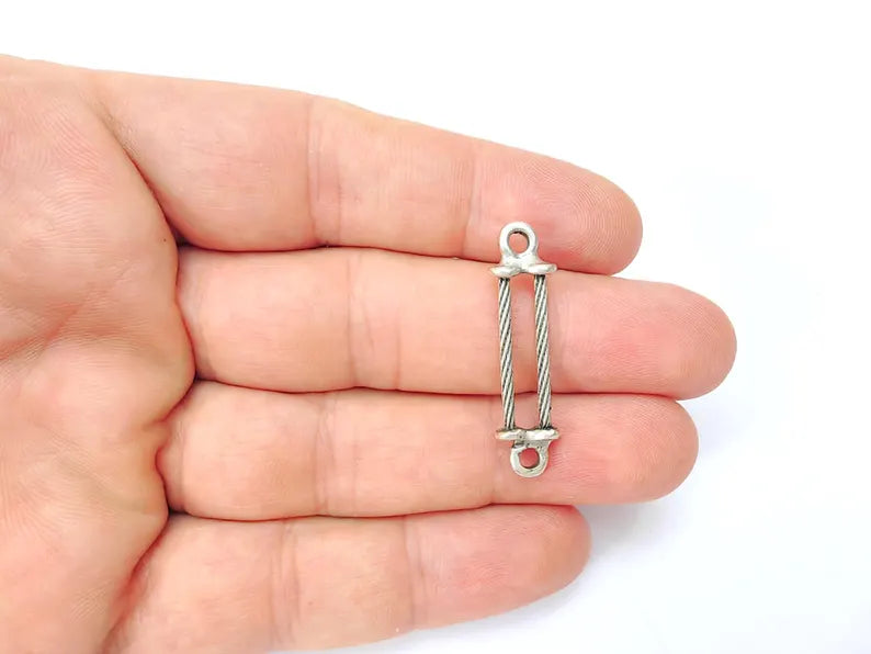 5 Organic Hammered Connector Charms, Boho Charms, Earring Charms, Rustic Pendant, Necklace Parts, Antique Silver Plated Zamac 35x9mm G36467