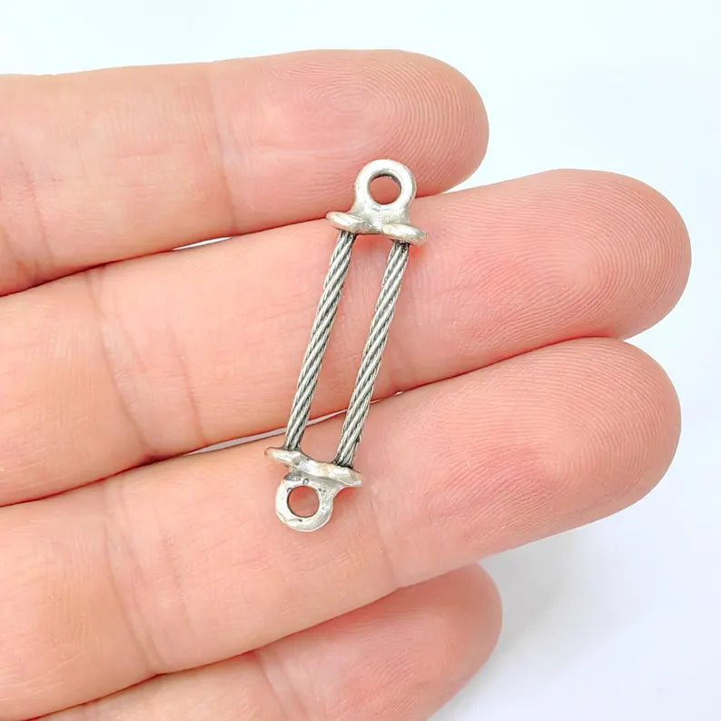 5 Organic Hammered Connector Charms, Boho Charms, Earring Charms, Rustic Pendant, Necklace Parts, Antique Silver Plated Zamac 35x9mm G36467