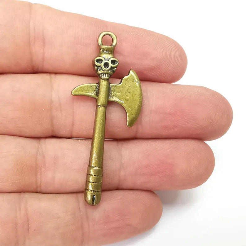 Bronze Axe Skull Charms, War Charms, Ethnic Earring Charms, Bronze Rustic Pendant, Necklace Parts, Antique Bronze Plated 52x21mm G36367