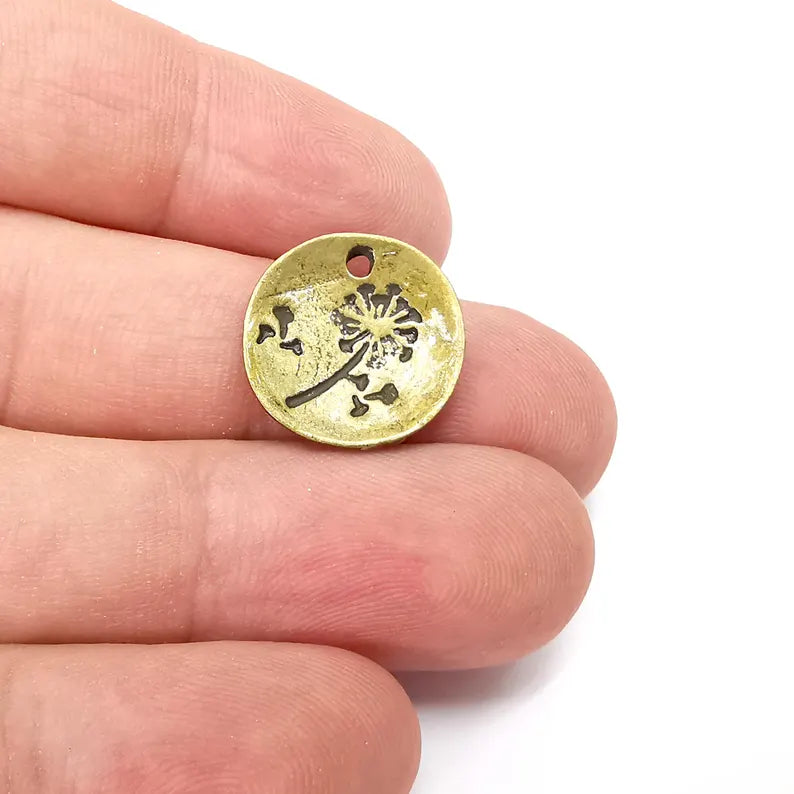 2 Bronze Dandelion Charms, Round Charms, Rustic Charms, Earring Charms, Bronze Pendant, Necklace Parts, Antique Bronze Plated 17mm G36368