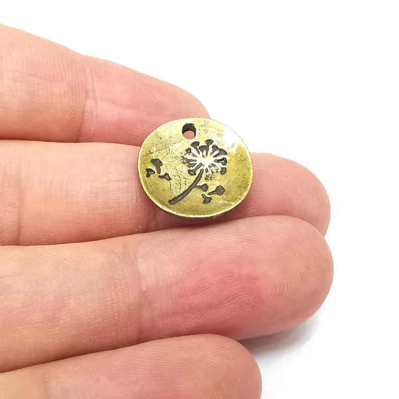 2 Bronze Dandelion Charms, Round Charms, Rustic Charms, Earring Charms, Bronze Pendant, Necklace Parts, Antique Bronze Plated 17mm G36368