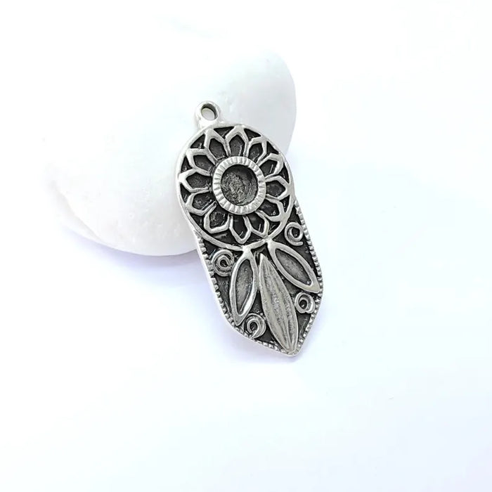 Bohemian Pendant Blank, Cabochon Bezel, Locket Base, inlay Mountings, Resin Necklace, Antique Silver Plated Zamac 42x19mm (6mm blank) G36483