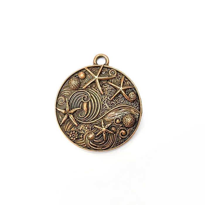 Nautical Charms, Starfish and Wave Detailed Boho Necklace Charm, Ocean-Themed Antique Copper Round Pendant, 34x30mm Earring Charms G36485