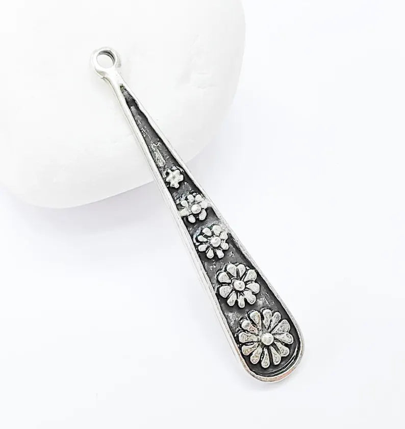 2 Silver Flower Charms, Boho Charms, Earring Charms, Silver Dangle Pendant, Necklace Parts, Antique Silver Plated Zamac 51x10mm G36471