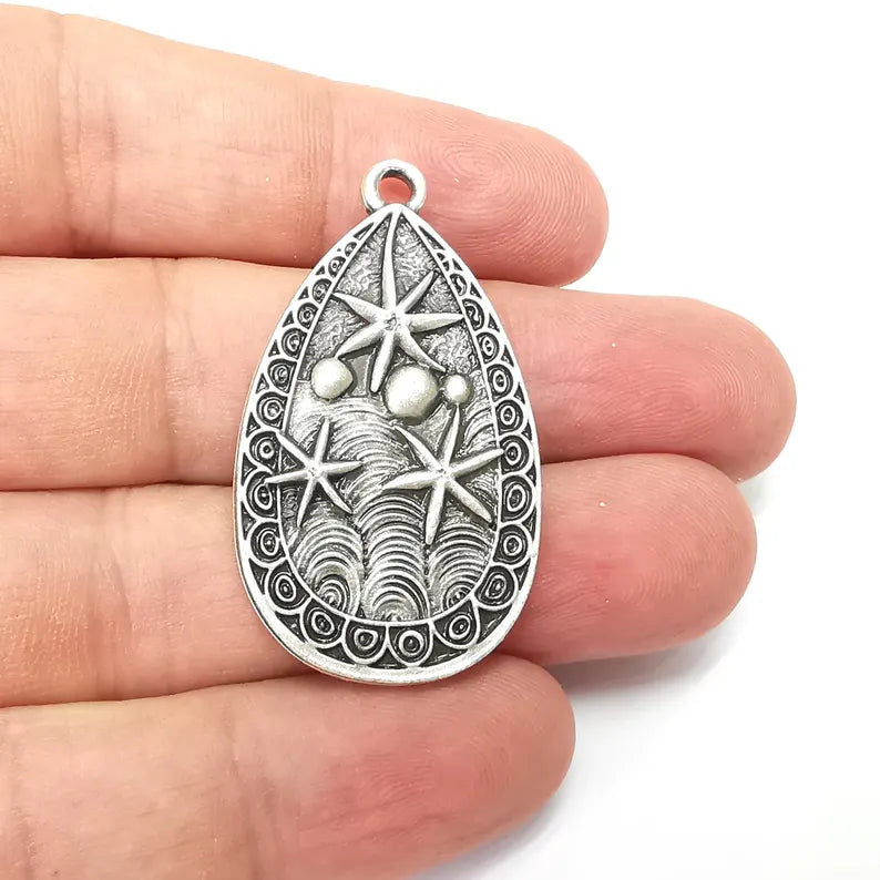 Nautical Charms, Starfish and Wave Detailed Boho Necklace Charm, Ocean-Themed Antique Silver Drop Pendant, 44x25mm Earring Charms G36379