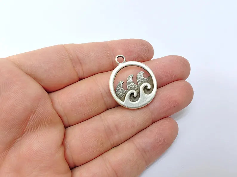 Ocean Wave Pendant Charms, Boho Charms, Earring Charms, Nautical Pendant, Necklace Parts, Antique Silver Plated Zamac 30x25mm G36491