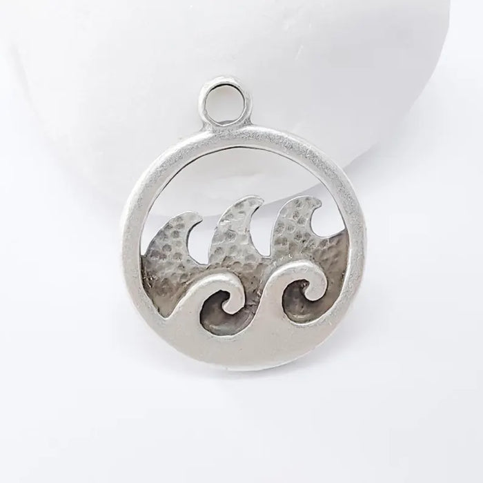 Ocean Wave Pendant Charms, Boho Charms, Earring Charms, Nautical Pendant, Necklace Parts, Antique Silver Plated Zamac 30x25mm G36491