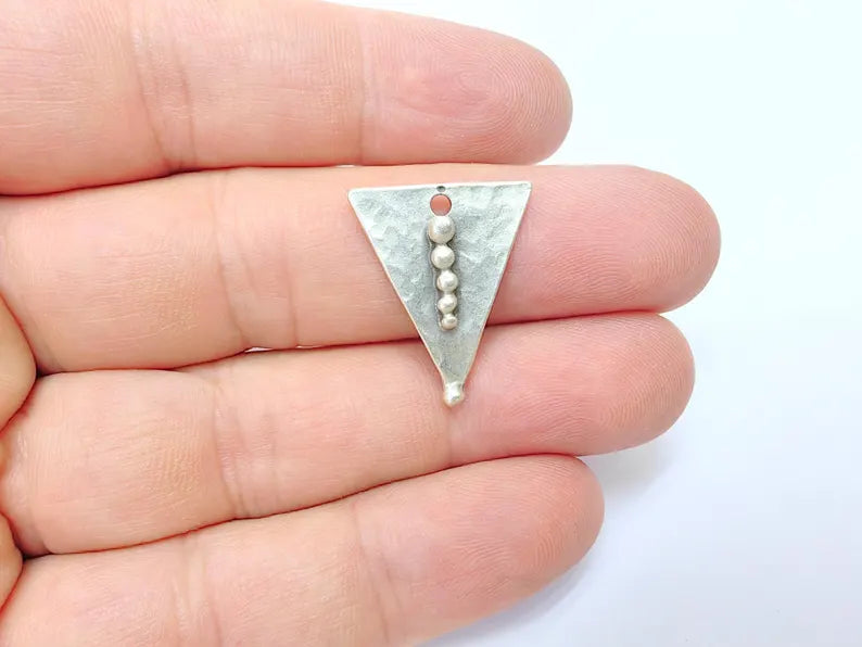 2 Geometric Triangle Boho Charms, Earring Charms, Silver Dangle Pendant, Necklace Parts, Antique Silver Plated Zamac 43x24mm G36494