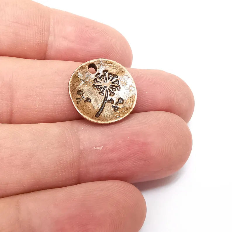 2 Copper Dandelion Charms, Round Charms, Rustic Charms, Earring Charms, Copper Pendant, Necklace Parts, Antique Copper plated 17mm G36386