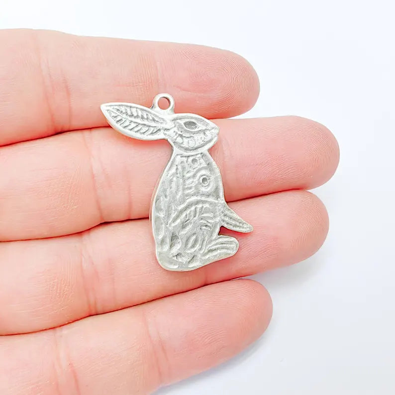 Rabbit Charm, Rabbit Pendant, Boho Charm, Earring Charms, Dangle Pendant, Necklace Parts, Antique Silver Plated Zamac 36x29mm G36501