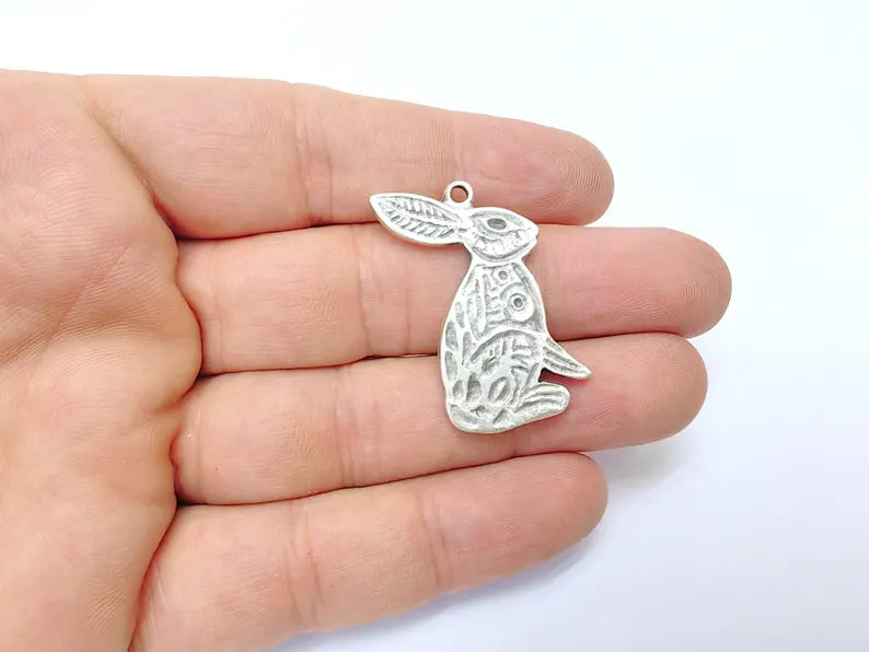 Rabbit Charm, Rabbit Pendant, Boho Charm, Earring Charms, Dangle Pendant, Necklace Parts, Antique Silver Plated Zamac 36x29mm G36501