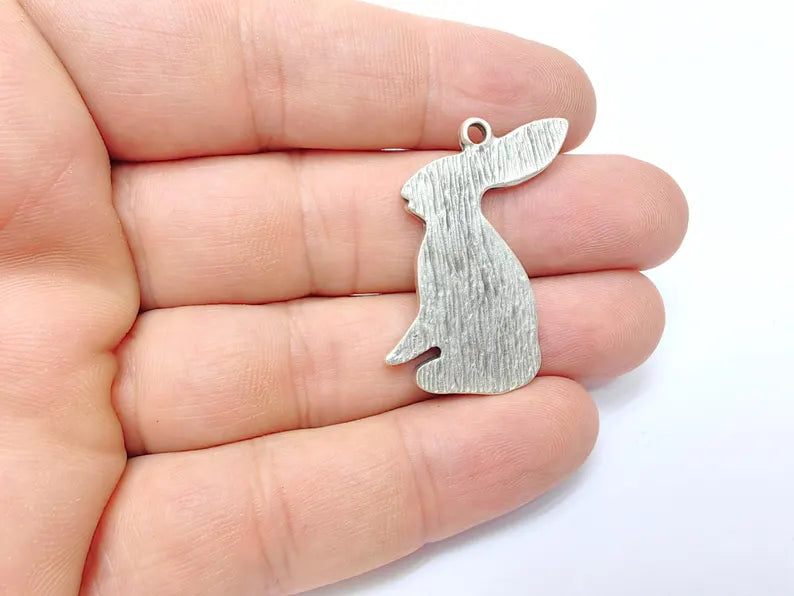 Rabbit Charm, Rabbit Pendant, Boho Charm, Earring Charms, Dangle Pendant, Necklace Parts, Antique Silver Plated Zamac 36x29mm G36501