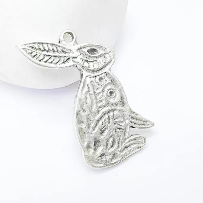 Rabbit Charm, Rabbit Pendant, Boho Charm, Earring Charms, Dangle Pendant, Necklace Parts, Antique Silver Plated Zamac 36x29mm G36501