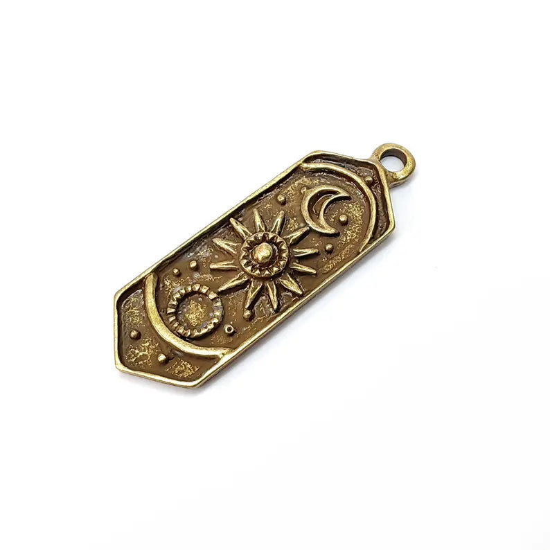 Celestial Moon and Sun Charms, Cosmic Pendant, Earring Charms, Night Sky Boho Charms, Antique Bronze Plated Zamac 44x14mm G36511