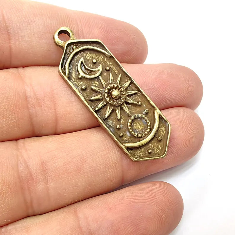 Celestial Moon and Sun Charms, Cosmic Pendant, Earring Charms, Night Sky Boho Charms, Antique Bronze Plated Zamac 44x14mm G36511