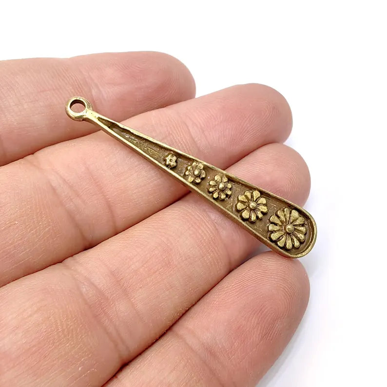 2 Bronze Flower Charms, Boho Charms, Earring Charms, Bronze Dangle Pendant, Necklace Parts, Antique Bronze Plated Zamac 51x10mm G36514