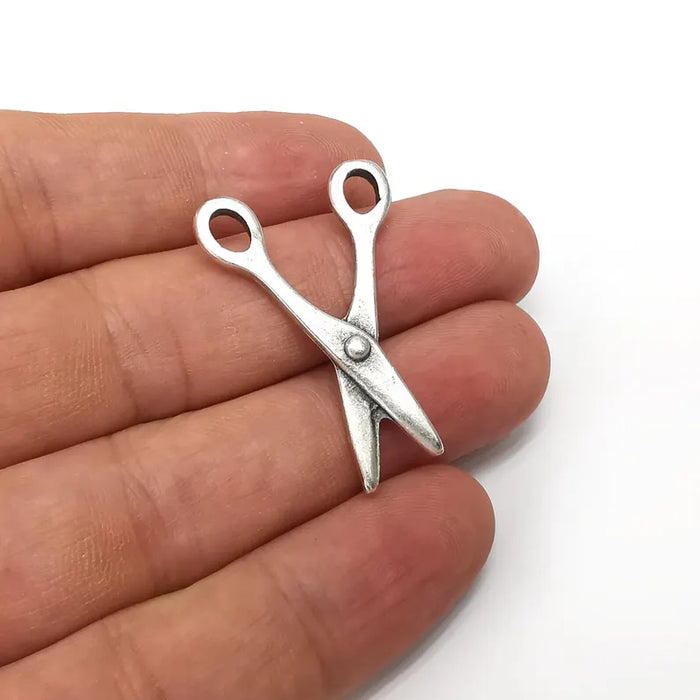 4 Scissors Charms, Silver Charms, Ethnic Earring Charms, Silver Rustic Pendant, Necklace Parts, Antique Silver Plated 37x25mm G36395