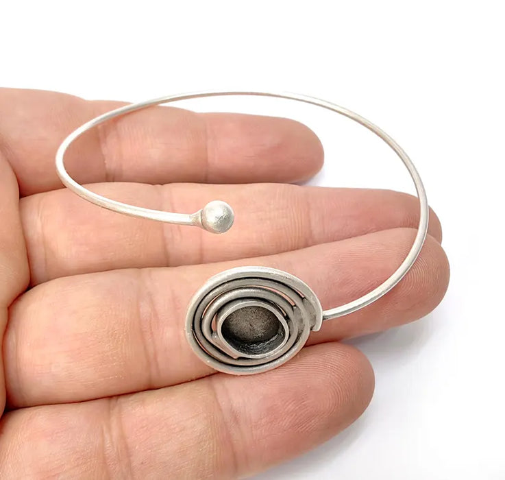 Silver Swirl Bracelet, Wire Cuff, Bangle Bezel, Resin Blank, Wristband Cabochon Base, Adjustable Antique Silver Brass (11x8mm) G36516