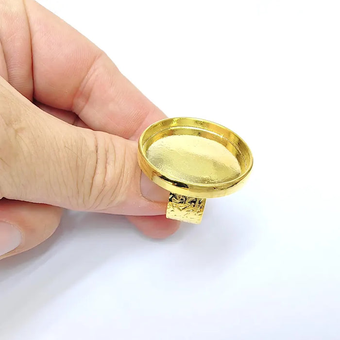 Shiny Gold Ring Setting, Cabochon Blank, Resin Bezel, Round Ring Mounting, Epoxy Frame Base, Adjustable Gold Plated 30mm G36399