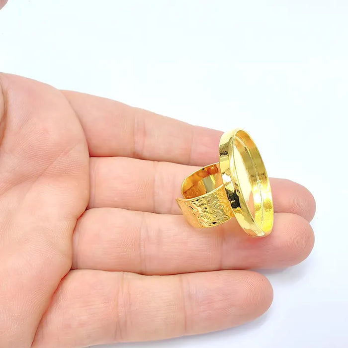 Shiny Gold Ring Setting, Cabochon Blank, Resin Bezel, Round Ring Mounting, Epoxy Frame Base, Adjustable Gold Plated 30mm G36399