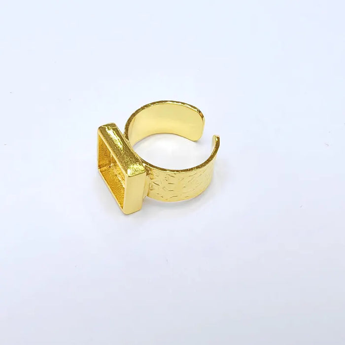 Shiny Gold Ring Setting, Cabochon Blank, Resin Bezel, Square Ring Mounting, Epoxy Frame Base, Adjustable Gold Plated 10x10mm G36400