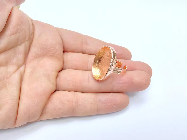 Rose Gold Ring Blank Setting Cabochon Base inlay Ring Hammered Mounting Adjustable Ring Bezel (25x18mm blank ) Rose Gold Plated Metal G36401