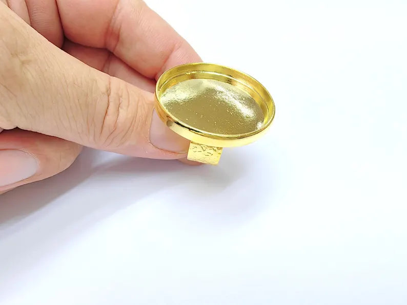 Shiny Gold Ring Setting, Cabochon Blank, Resin Bezel, Round Ring Mounting, Epoxy Frame Base, Adjustable Gold Plated 40mm G36404