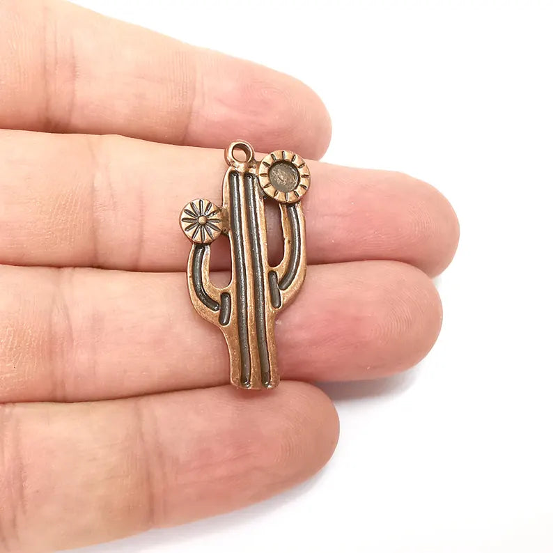 Cactus Charms, Copper Blank Charms, Boho Charms, Earring Charms, Copper Pendant, Necklace Parts, Antique Copper Plated 36x19mm 4mm G36406