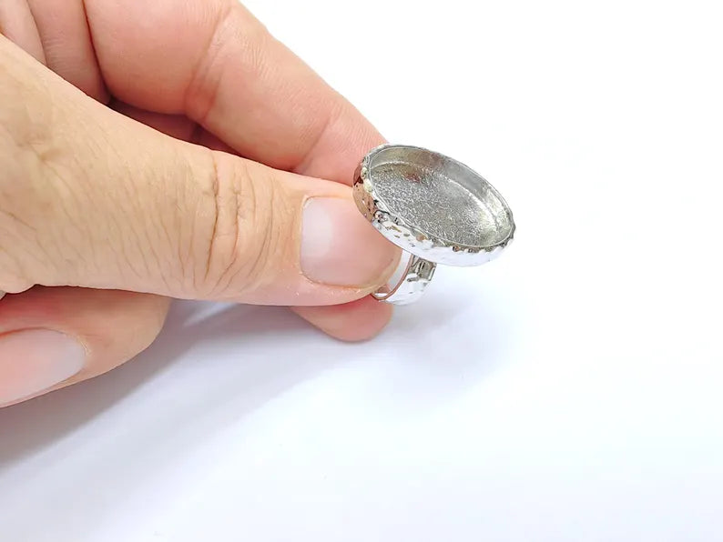 Shiny Silver Oval Ring Setting, Cabochon Blank, Resin Bezel, Ring Mounting, Epoxy Frame Base, Adjustable Rhodium Plated Brass 25x18mm G36409