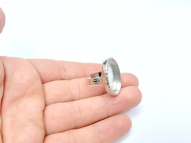 Shiny Silver Oval Ring Setting, Cabochon Blank, Resin Bezel, Ring Mounting, Epoxy Frame Base, Adjustable Rhodium Plated Brass 25x18mm G36409