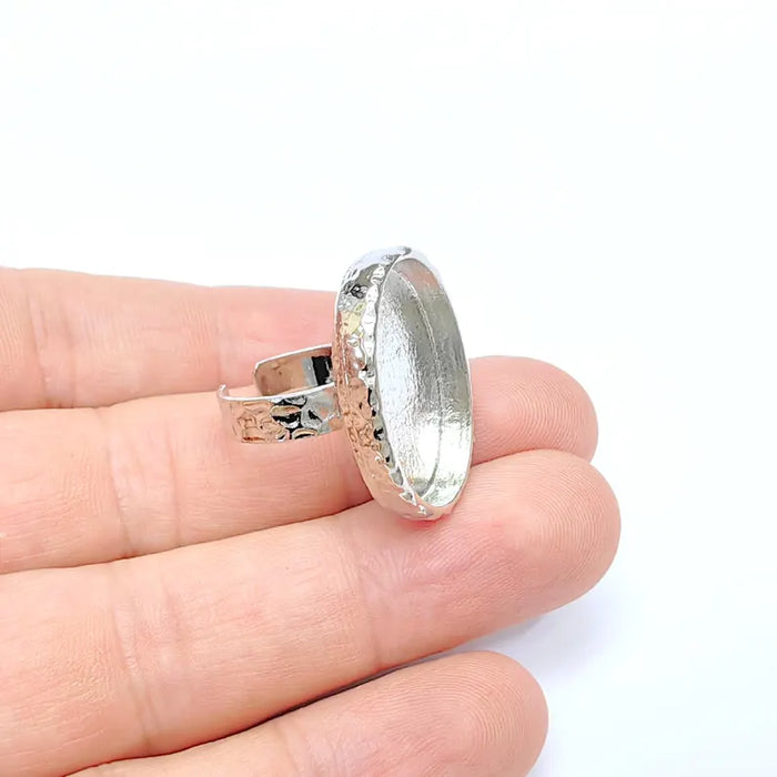 Shiny Silver Oval Ring Setting, Cabochon Blank, Resin Bezel, Ring Mounting, Epoxy Frame Base, Adjustable Rhodium Plated Brass 25x18mm G36409