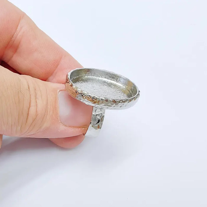 Shiny Silver Oval Ring Setting, Cabochon Blank, Resin Bezel, Ring Mounting, Epoxy Frame Base, Adjustable Rhodium Plated Brass 25x18mm G36409