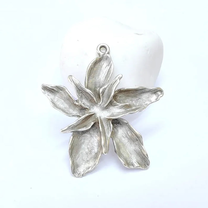 Antique Silver Flower Pendant, Earring Charms, Unique Artisan Jewelry, Nature Inspired Floral Design, Lotus Pendant 51x49mm G36411