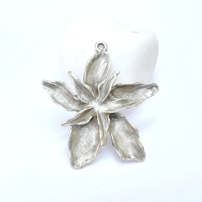 Antique Silver Flower Pendant, Earring Charms, Unique Artisan Jewelry, Nature Inspired Floral Design, Lotus Pendant 51x49mm G36411