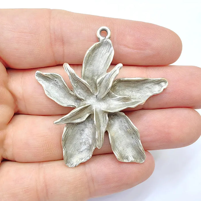 Antique Silver Flower Pendant, Earring Charms, Unique Artisan Jewelry, Nature Inspired Floral Design, Lotus Pendant 51x49mm G36411