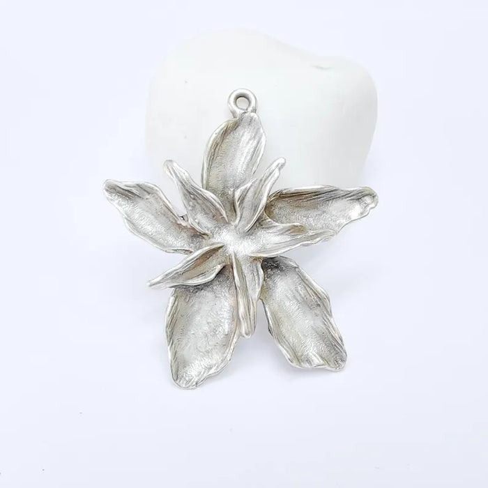 Antique Silver Flower Pendant, Earring Charms, Unique Artisan Jewelry, Nature Inspired Floral Design, Lotus Pendant 51x49mm G36411