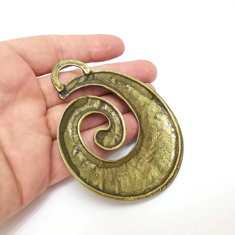Bronze Swirl - Spiral Pendant, Big Pendant, Ethnic Pendant, Bronze Rustic Pendant, Necklace Parts, Antique Bronze Plated 93x76mm G36419