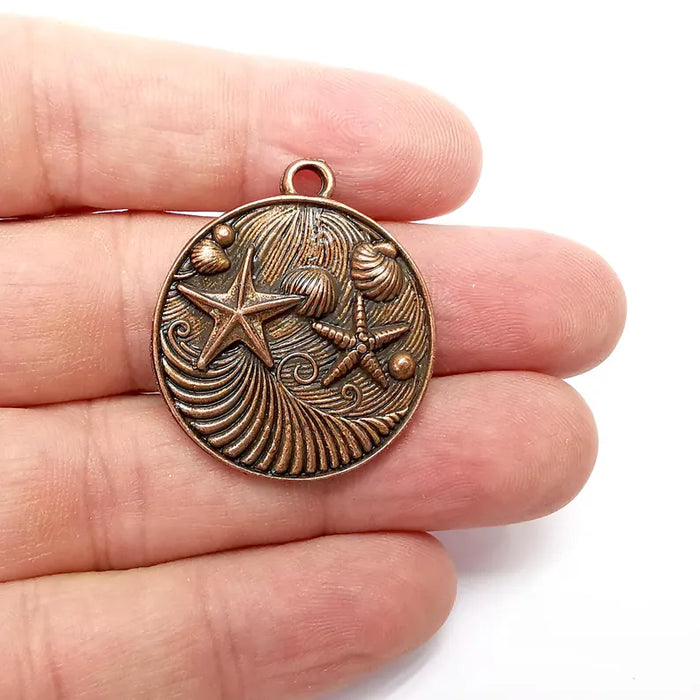 Nautical Charms, Starfish and Wave Detailed Boho Necklace Charm, Ocean-Themed Antique Copper Round Pendant, 34x30mm Earring Charms G36424