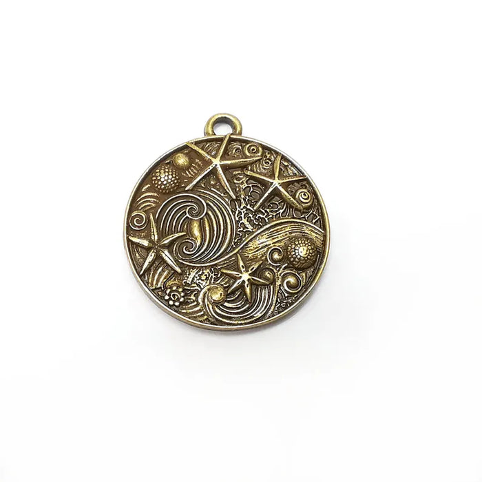 Nautical Charms, Starfish and Wave Detailed Boho Necklace Charm, Ocean-Themed Antique Bronze Round Pendant, 34x30mm Earring Charms G36429