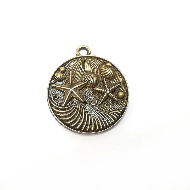 Nautical Charms, Starfish and Wave Detailed Boho Necklace Charm, Ocean-Themed Antique Bronze Round Pendant, 34x30mm Earring Charms G36433