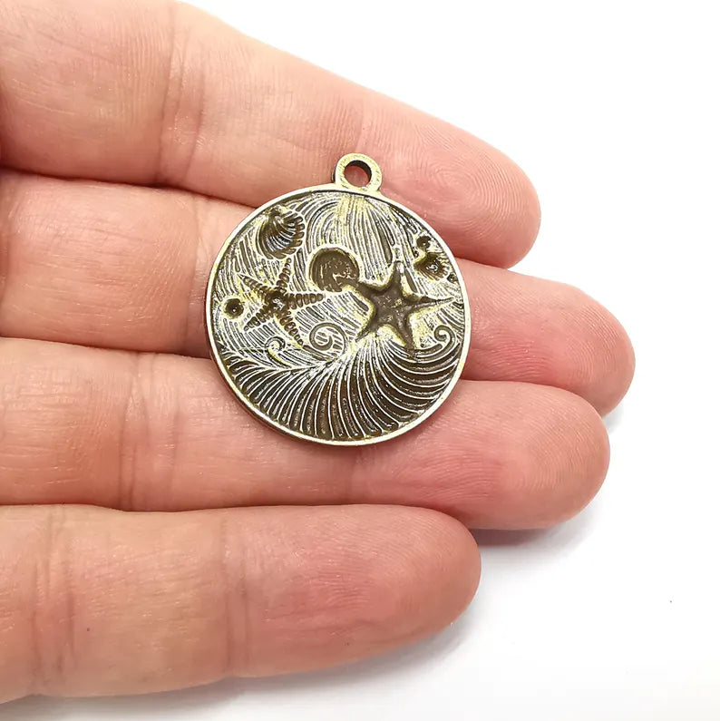 Nautical Charms, Starfish and Wave Detailed Boho Necklace Charm, Ocean-Themed Antique Bronze Round Pendant, 34x30mm Earring Charms G36433