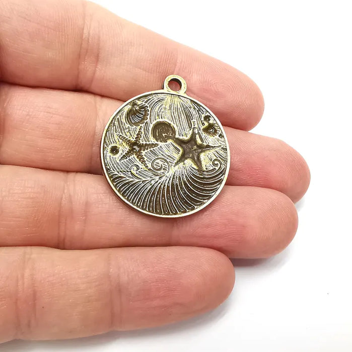 Nautical Charms, Starfish and Wave Detailed Boho Necklace Charm, Ocean-Themed Antique Bronze Round Pendant, 34x30mm Earring Charms G36433