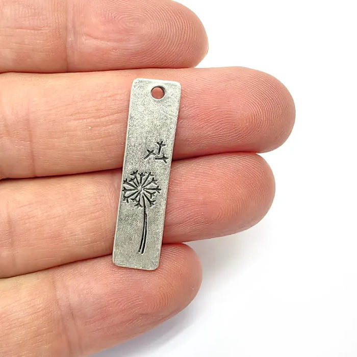 2 Silver Dandelion Charms, Rectangle, Rustic Charms, Earring Charms, Silver Pendant, Necklace Parts, Antique Silver Plated 34x9mm G36535