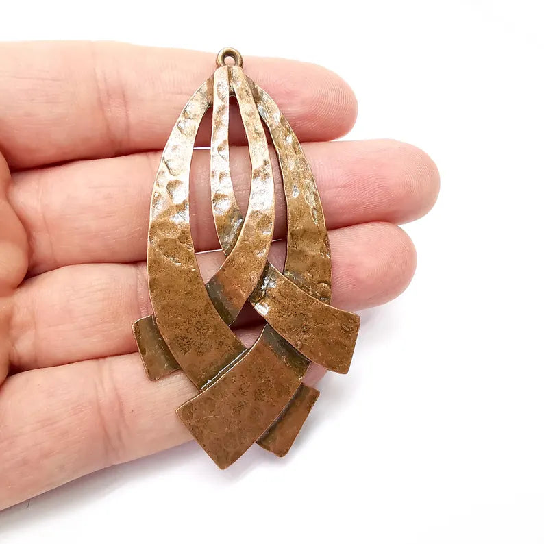 Hammered Copper Pendant , Boho Pendant , Dangle Pendant , DIY Charms, Earring Charm, Necklace Parts, Antique Copper Plated 77x42mm G36439