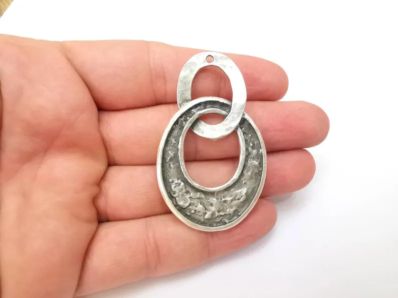 Hammered Dangle Charms, Boho Charms, Earring Charms, Silver Rustic Pendant, Necklace Parts, Antique Silver Plated 59x37mm G36445